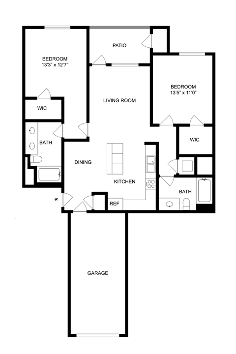 Floor plan for 2 beds, 2 baths, 1079 sqft